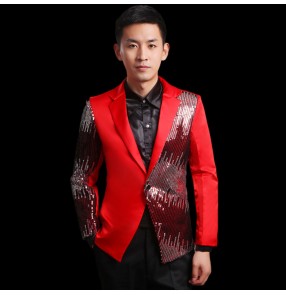 Black red sequins  paillette satin fabric patchwork long sleeves lapel collar men's male man stage performance wedding party singer host dance blazers tops coats